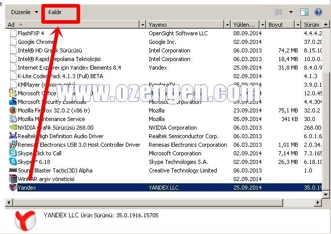yandex elements program kaldır