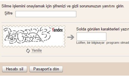 Yandex hesap sil