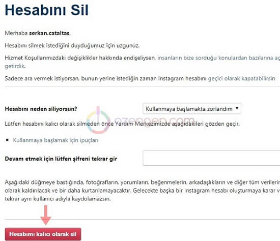 instagram nasil silinir
